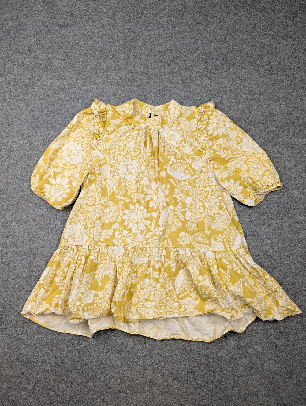 Zara Dress Womens Small Yellow Floral High Neck Puff Sleeve Swing Mini Lined
